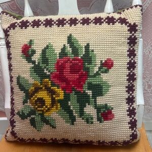 Handcrafted Floral Needlepoint Pillow